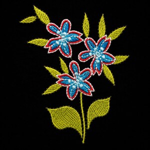 May include: An embroidery design featuring three five-petaled flowers with light blue centers, bright blue petals, and red outlines. The flowers are surrounded by multiple pointed, textured lime green leaves and stems, all set against a solid black background.