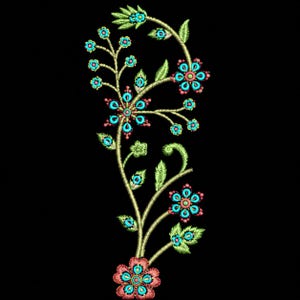 May include: An embroidery design featuring a vertical vine with light green stems and leaves. The pattern includes several stylized flowers with bright turquoise petals, pink centers, and small pink accents, set against a solid black background.