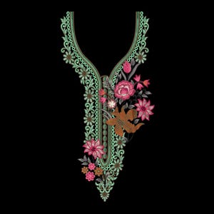 Può includere: Un disegno ricamato per scollatura caratterizzato da un motivo simmetrico di fiori e viticci verde chiaro. Il ricamo include dettagliati fiori rosa, arancioni e rosso scuro raggruppati sul lato destro su uno sfondo di colore nero.