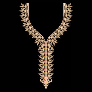 May include: A V-neckline embroidery design featuring gold-toned leaf patterns arranged symmetrically along the collar. The center panel includes a vertical grid of small, multi-colored squares in red, green, and yellow, ending in a floral motif.