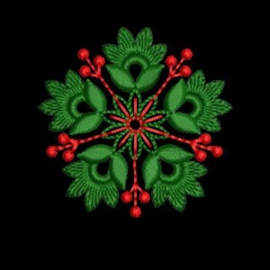May include: Embroidered floral design featuring green leaves and red berries on a black background. The symmetrical pattern has a central star-like element with radiating lines. The design is likely for holiday or seasonal crafts.