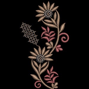 Puede incluir: Un diseño de bordado que presenta dos flores grandes y estilizadas de color bronce con centros detallados, conectadas por un tallo curvo. El patrón incluye hojas pequeñas de color rosa, zarcillos y un elemento geométrico sobre fondo negro.