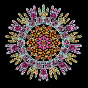 May include: A circular embroidery design featuring a central flower with pink petals and yellow centers, surrounded by concentric rings of pink spirals, orange fan-shaped motifs, and light blue outlines, all set against a solid black background.