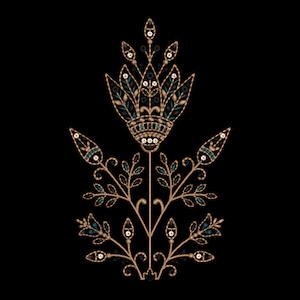 May include: A symmetrical floral embroidery design featuring a central stylized flower with pointed petals, flanked by smaller buds and branching leaves. The pattern is stitched in metallic gold thread with accents of deep teal and white on black.