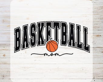 Puede incluir: Sobre un fondo blanco, la imagen presenta las palabras "READY TO PRESS" en la parte superior y "DTF TRANSFERS" en la inferior. La palabra "BASKETBALL" en letras negras enmarca una pelota de baloncesto naranja, con la palabra "mom" debajo.