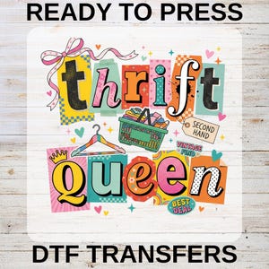 Thrift Queen DTF Transfer, Vintage Thrifting Patchwork Letters, Second Hand Style