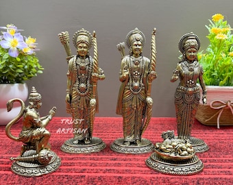 Handgefertigtes Messing Widder Darbar Set 7 "Zoll, Lord Ram Familienidol mit Hanuman, Ram Lakshman Sita mit Hanuman, Widder Darbar Murti Set.
