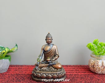 Handcrafted Bronze Finish Sitting Buddha, 14 Cm Medicine Buddha Statue, Peaceful Healing Buddha / Altar & Zen Space Ornament.