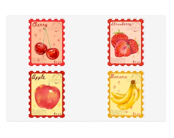 Classic Fruits Stamp Sticker Sheet | Cherry, Banana, Apple, Strawberry