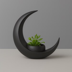 Op de afbeelding: Een zwarte, halvemaanvormige plantenbak met een kleine, ronde pot in de curve, met een levendige groene plant. De plantenbak staat op een wit oppervlak tegen een grijze achtergrond.