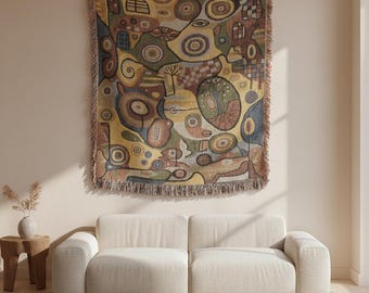 Dopamine Decor Woven Throw Blanket - Maximalist Art Tapestry - Mid Century Modern Bedding / Wall Hanging