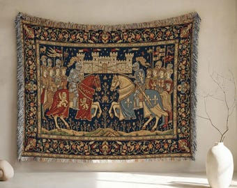 Medieval Jousting Woven Blanket | Renaissance Knight & Castle Tapestry | Vintage History Lover Gift |Cotton throw