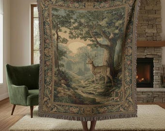 French Tapestry Woven Blanket | Vintage Forest Deer Throw | Antique Landscape Art | Rustic Woodland Decor |