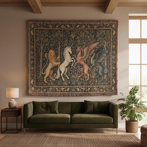 May include: A large tapestry featuring a mythical scene with a lion, unicorn, griffin, and dragon. The tapestry has a dark green background with trees and foliage, and a fringed border. The creatures are in shades of gold, white, and blue.
