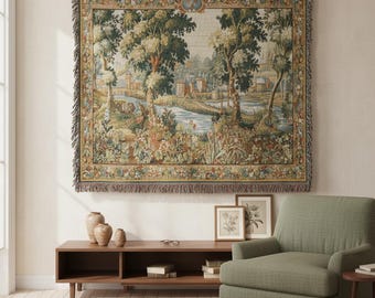 Verdure Chantilly French Tapestry Woven Blanket - Vintage Landscape Throw - Classical Art Decor - Wall Hanging
