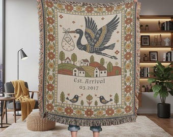 Personalized New Baby Arrival Blanket, Custom Stork Nursery Decor, Keepsake Gift for Expecting Parents, New mom Cotton Throw