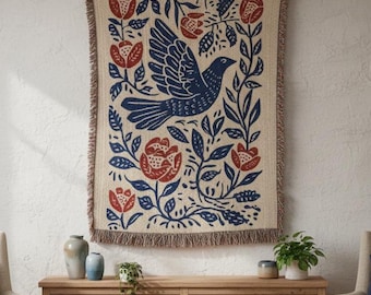 Folk Art Bird Woven Blanket | Pennsylvania Dutch Tapestry | Rustic Throw | Floral Decor | Slavic Art