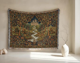 Medieval Castle & Forest Woven Blanket | Enchanted Renaissance Tapestry Throw | Vintage Cottagecore Wall Hanging