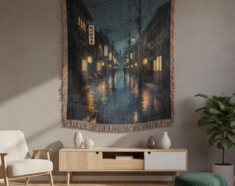 Tokyo Street Woven Blanket - Japanese Teahouse Anime Cotton Throw - Lo-fi Room Decor
