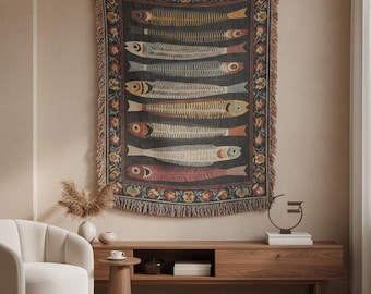 Manta tejida de arte popular con sardinas vintage - Manta de algodón con peces vintage - Decoración del hogar de estilo cottagecore escandinavo - Tapiz de vida marina caprichoso
