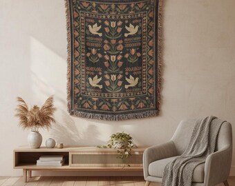 Retro Floral Woven Blanket | Country Folk Throw Tapestry | Grandmillennial Decor | Farmhouse Wall Hanging Gift