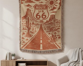 Vintage Route 66 Woven Blanket - Southwest Desert Gift Cotton Throw - Americana Road Trip Tapestry - Retro Western Decor