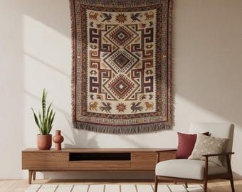 Oaxacan Tapestry | Zapotec Inspired Woven Blanket | Traditional Mexican Tapestry Throw | Geometric Folk Art Design