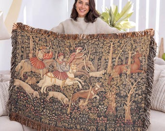 Medieval Hunt Woven Throw, Renaissance Forest Gothic Tapestry, French vintage Hunting Scene Blanket, 16th Century Classic Art