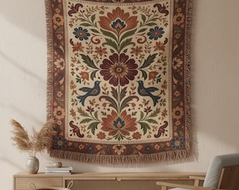 Mexican Folk Art Woven Blanket | Folk-art Inspired Bird & Floral Throw | Cotton Tapestry Home Decor