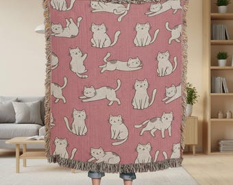 Pink Kawaii Cats Woven Cotton Throw Blanket – Kids Bedding Gift for Pet Lovers