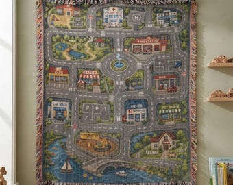 City Map Play Blanket, Kids Road Rug Throw, Interactive Car Play Mat, Educational Town Cityscape, 100% Cotton Nursery Decor