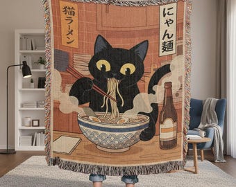 Black Cat Ramen Woven Blanket – Japanese Anime Foodie Throw, Cotton Home Decor