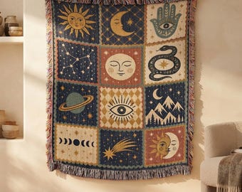 Celestial Woven Blanket, Mystical Astrology Throw, Whimsigoth Home Decor, Sun Moon Stars Tapestry, Zodiac Witchy Bedding