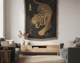 Chinese Tiger Woven Blanket - Oriental Decor - Feng Shui Tiger Tapestry Gift - Big Cat Throw