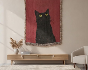 Black Cat Woven Blanket, Gothic Throw Blanket, Feline Lover Gift, Cotton Halloween Wall Tapestry