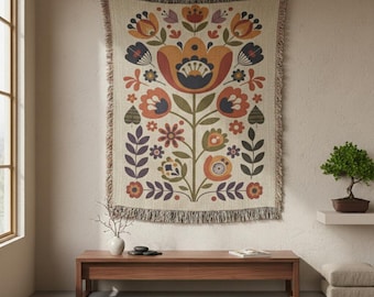 Scandinavian Folk Art Woven Blanket | Muted Floral Botanical Throw | Hygge Nordic Textile Wall-Hanging Art