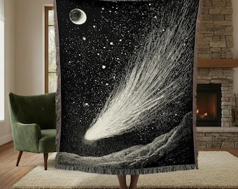 Vintage Comet Woven Blanket | Shooting Star Celestial Tapestry | Astronomy Night Sky Throw | Dark Academia Space Decor