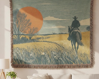 Western Cowboy Woven Throw, Sunset Horseback Blanket, Rustic Ranch Decor, 100% Cotton Throw, Southwestern Gift