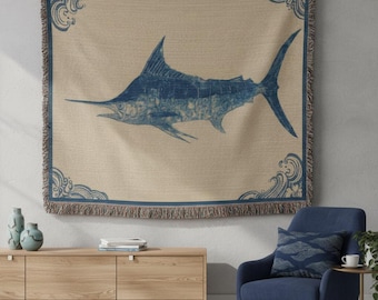Gyotaku Marlin Woven Blanket – Japanese Ocean Art, Coastal Decor
