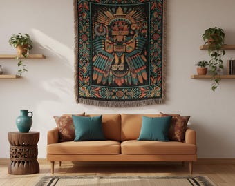 Peruvian Folk Art  | Paracas Flying Figure Woven Blanket | Precolumbian Tapestry Throw | Andean Inca Decor