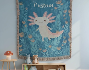 Personalized Axolotl Woven Blanket - Custom Name Kids Gift - Kawaii Cotton Throw - Customizable Nursery Decor