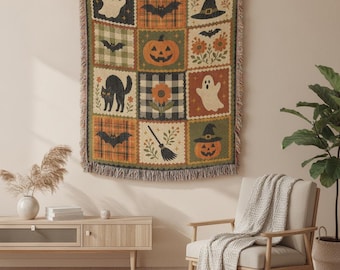 Vintage Halloween Woven Blanket, Spooky Cottagecore Throw, Whimsigoth Fall Decor, Retro Pumpkin Cat Ghost Tapestry, 100% Cotton Cozy Bedding
