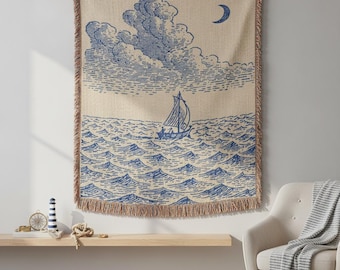 Sailboat Woven Throw, Nautical Cotton Blanket, Coastal Wall Tapestry, Ocean Decor, Sailing Gift, Beach House Decor,