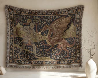 Medieval Knight and Dragon Woven Throw Blanket | Renaissance Tapestry Art | Fantasy Mythical Home Decor