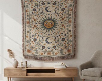 Woven Sun and Moon Blanket – Celestial Folk Art Tapestry, Bohemian Cotton Throw