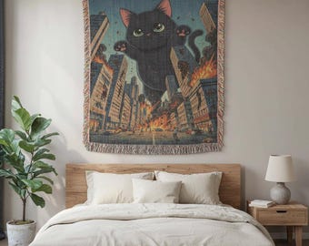 Kaiju Cat Woven Blanket – Retro Japanese Anime Throw, Otaku Decor