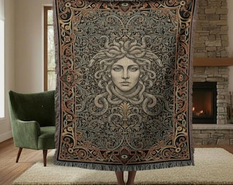 Medusa Greek Mythology Woven Blanket | Gorgon Tapestry Throw | Dark Academia Decor | Heirloom Wall Hanging