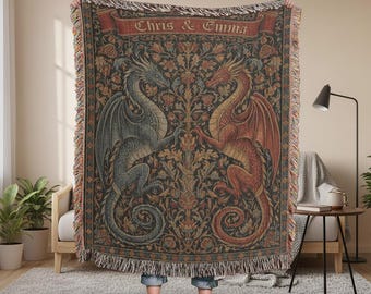 Personalized Dragon Couple Woven Blanket - Custom Name Fantasy Wedding Gift - Anniversary Throw - Medieval Tapestry