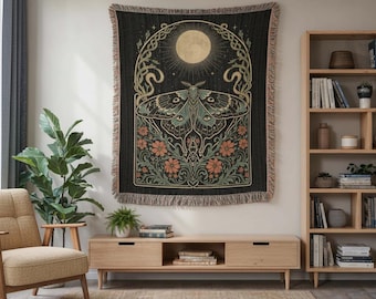 Lunar Moth Woven Throw Blanket | Art Nouveau Floral Tapestry | Witchy Celestial Housewarming Decor