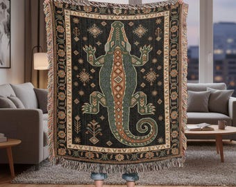 Crocodile Folk Art Woven Blanket - Southwestern Style Alligator Throw - Maximalist Decor - Reptile Tapestry Gift